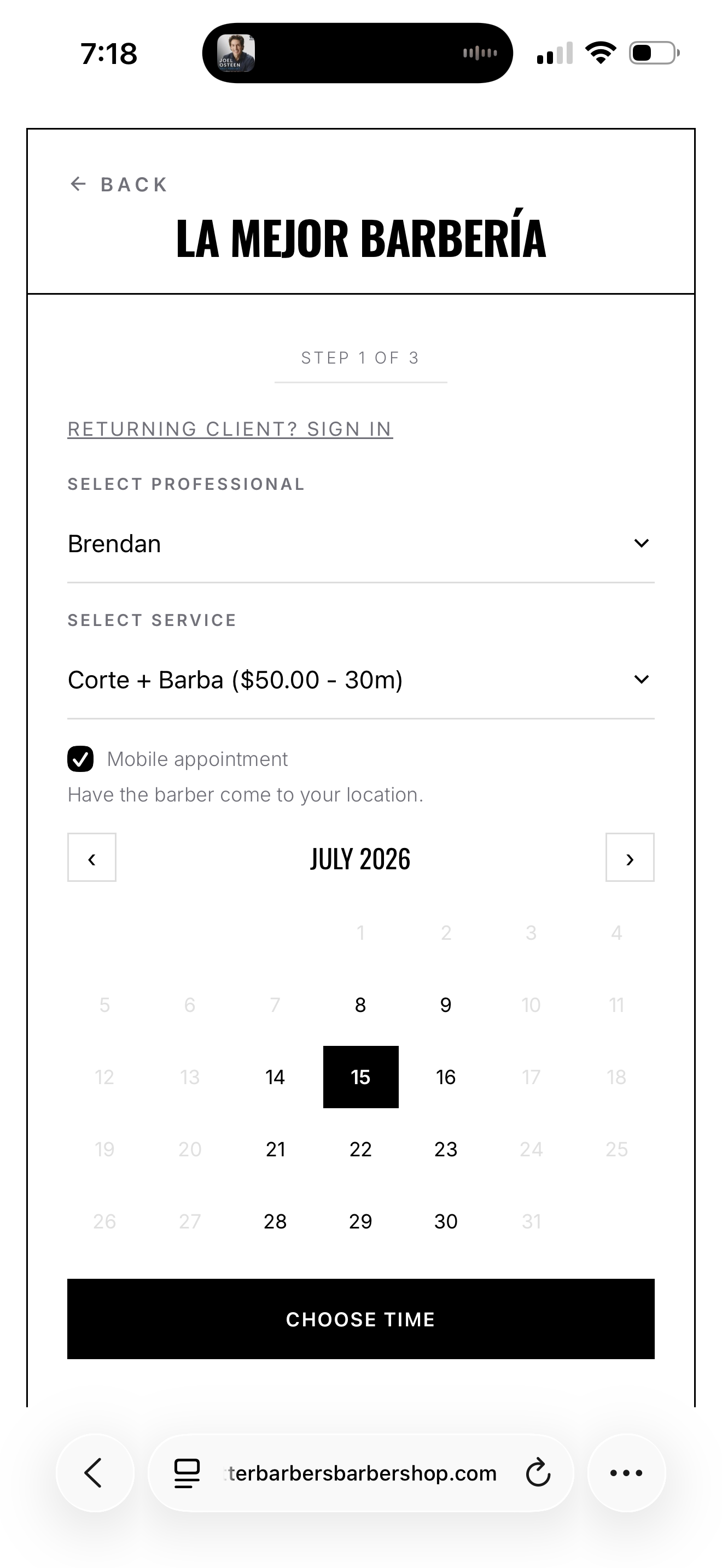 Customer selects service and date