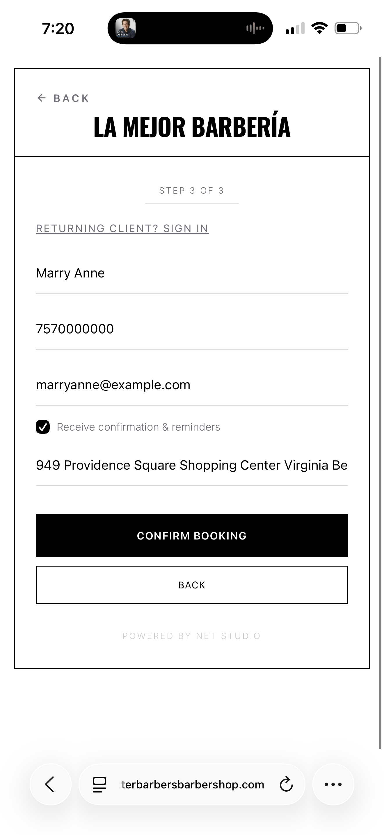 Customer enters details and confirms booking